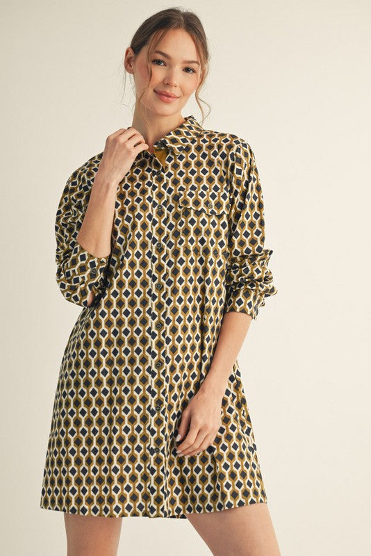 Button Down Geo Prints Shirt Dress