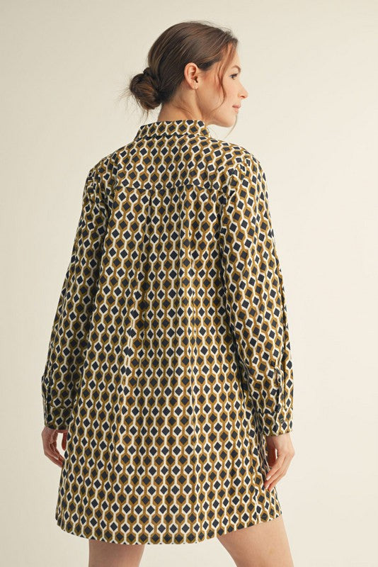 Button Down Geo Prints Shirt Dress