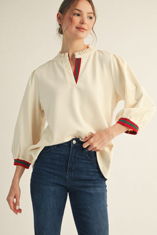 Stripe Contrast Accent Ruffle Neck Top