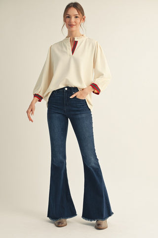 Stripe Contrast Accent Ruffle Neck Top