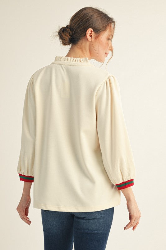 Stripe Contrast Accent Ruffle Neck Top