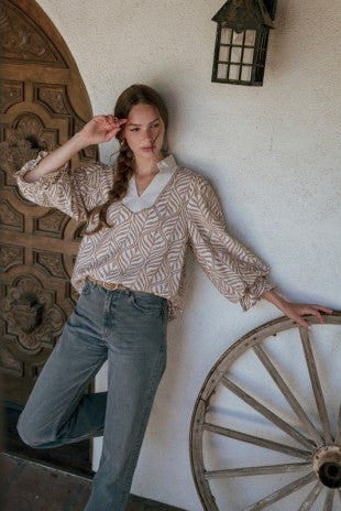 Standing Collared Neck Boho Leaf Print Top