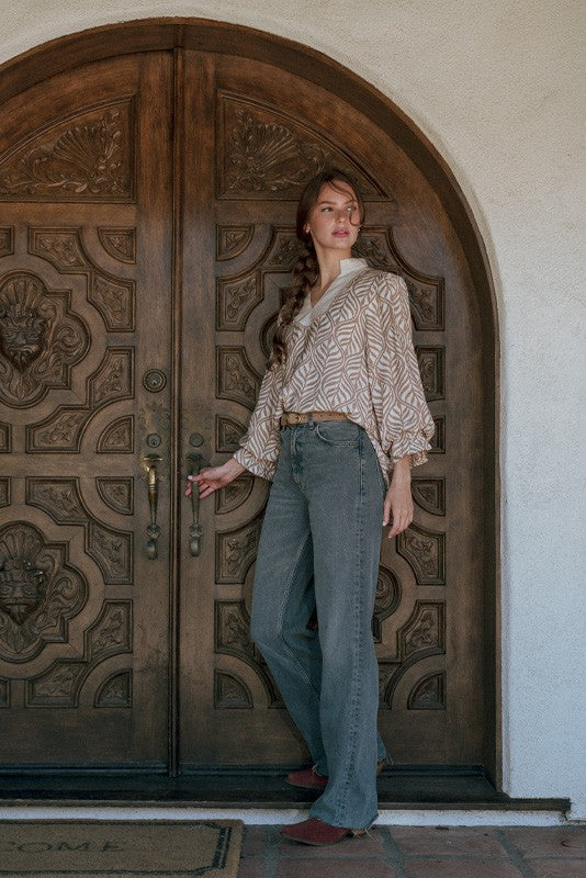 Standing Collared Neck Boho Leaf Print Top