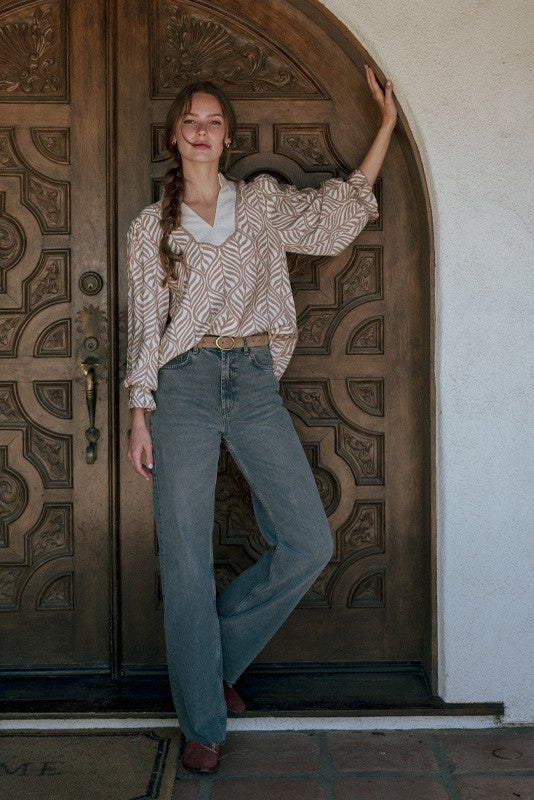Standing Collared Neck Boho Leaf Print Top