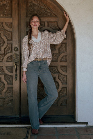 Standing Collared Neck Boho Leaf Print Top