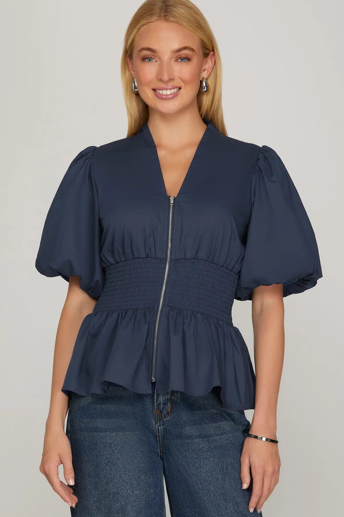 PUFF SLEEVE SMOCKING FRONT ZIPPER WOVEN TOP WITH ELASTIC WAISTBAND