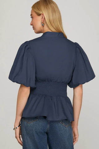 PUFF SLEEVE SMOCKING FRONT ZIPPER WOVEN TOP WITH ELASTIC WAISTBAND