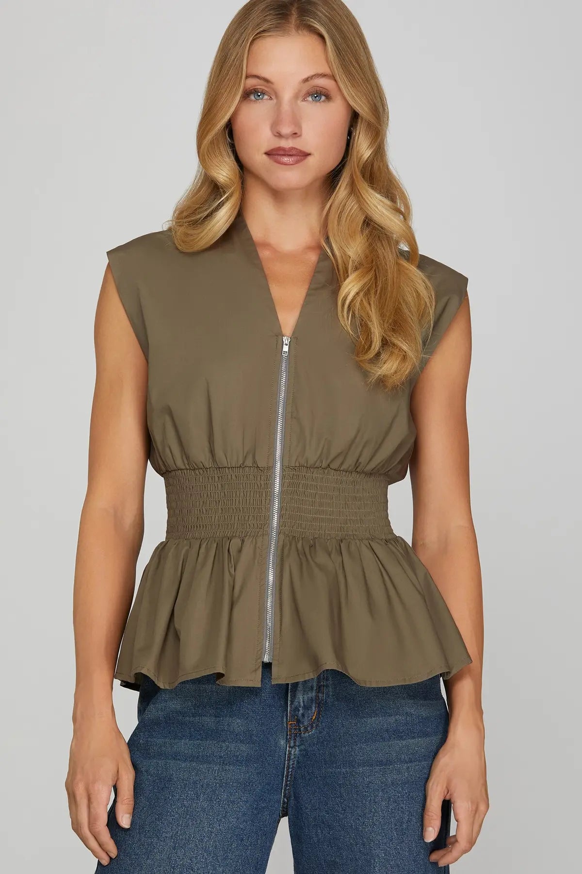 DROP SHOULDER SMOCKED WAIST FRONT ZIP TOP