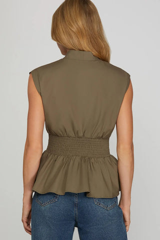 DROP SHOULDER SMOCKED WAIST FRONT ZIP TOP