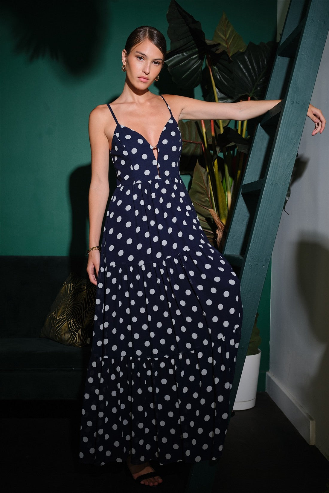 Gold Metal Accent Polka Dot Tiered Maxi Dress