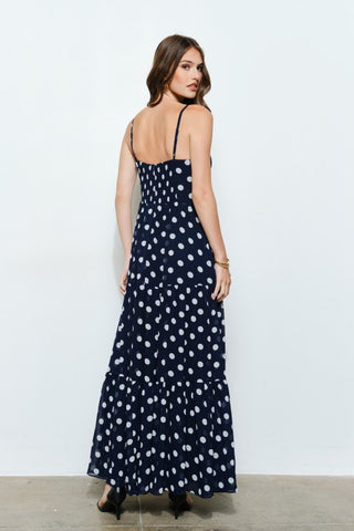 Gold Metal Accent Polka Dot Tiered Maxi Dress