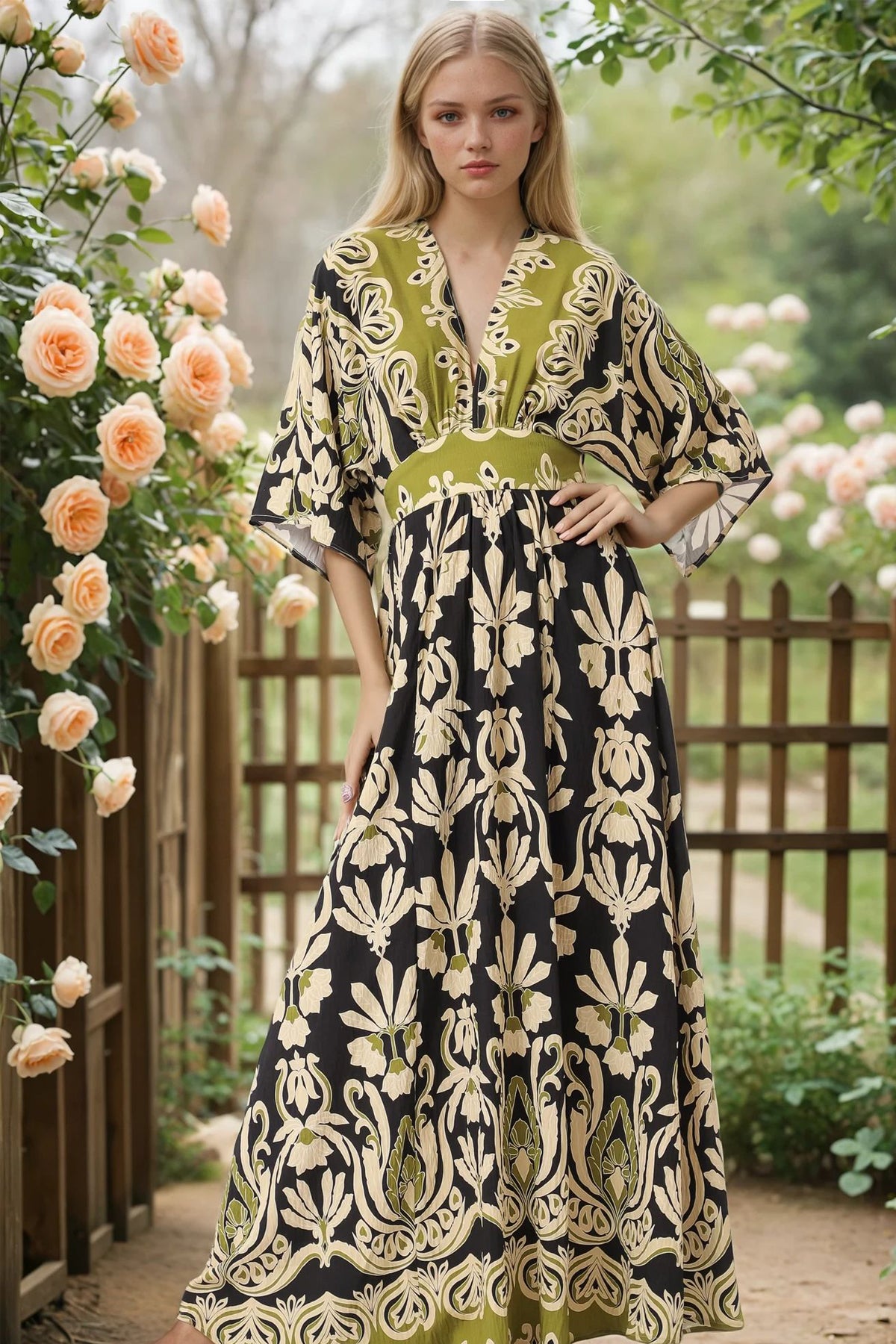 Kimono sleeve elastic waisted border maxi dress