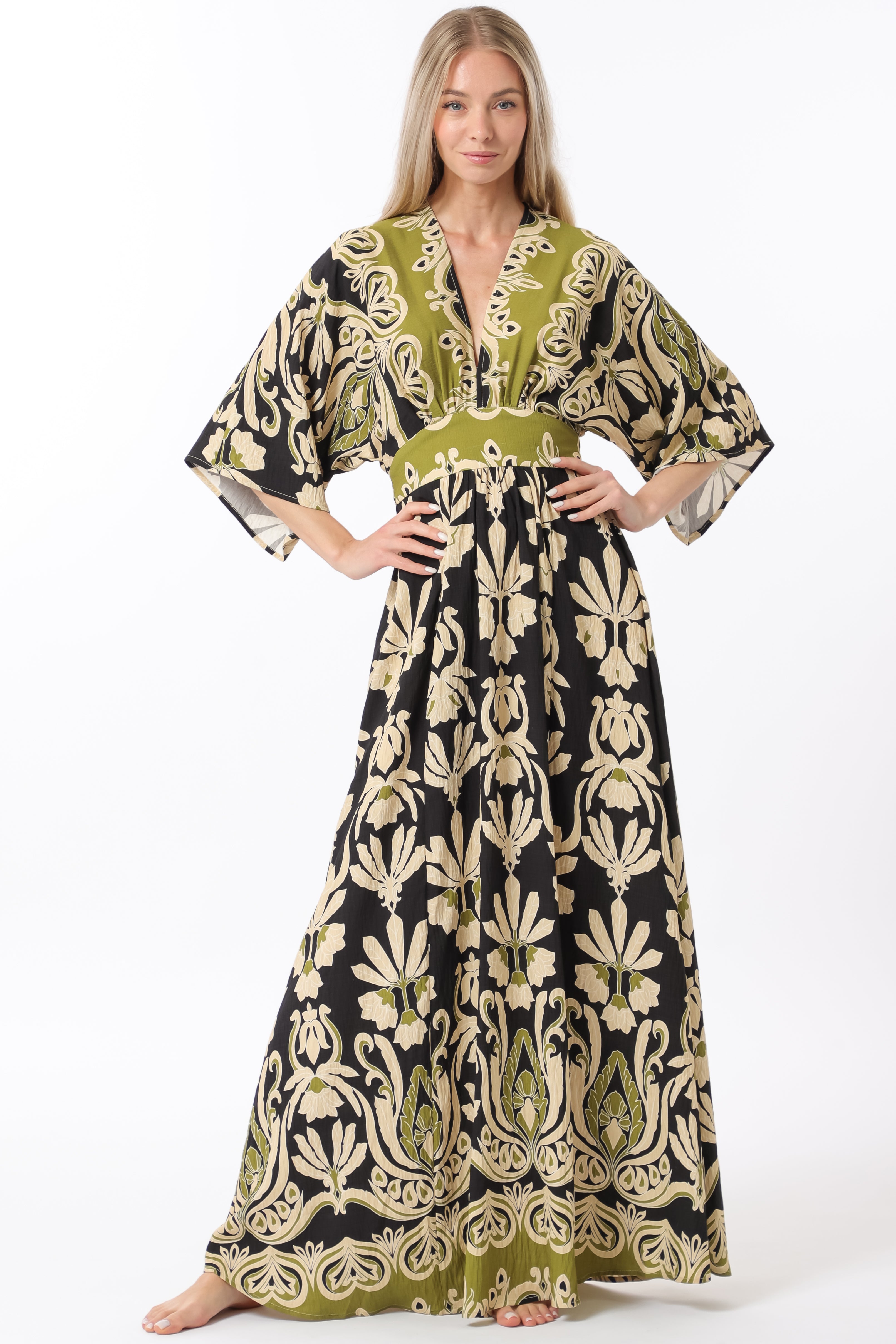 Kimono sleeve elastic waisted border maxi dress