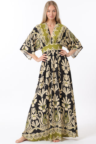 Kimono sleeve elastic waisted border maxi dress