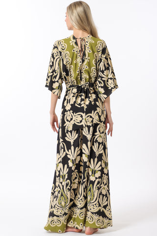 Kimono sleeve elastic waisted border maxi dress