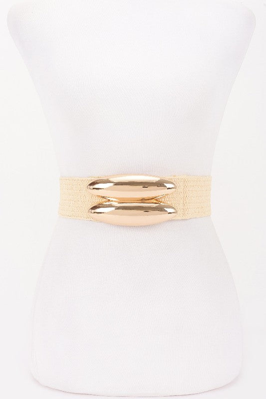 Metal Buckle Faux Straw Elastic Belt