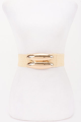 Metal Buckle Faux Straw Elastic Belt