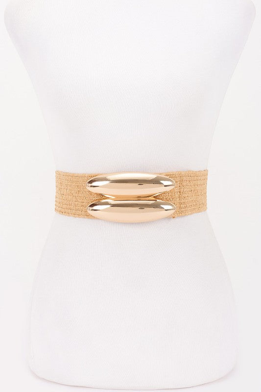 Metal Buckle Faux Straw Elastic Belt