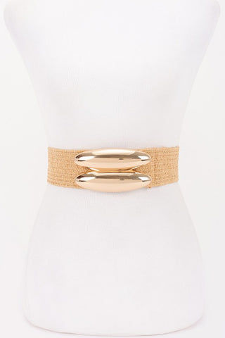 Metal Buckle Faux Straw Elastic Belt