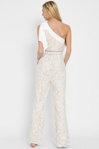 ONE SHOULDER LACE TRIM WAISTED LACE JUMPSUIT