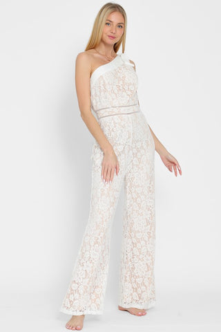 ONE SHOULDER LACE TRIM WAISTED LACE JUMPSUIT