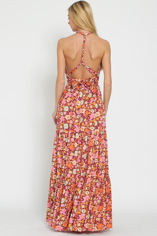 HALTER BACK CROSS STRAP DETAILING TIERED MAXI