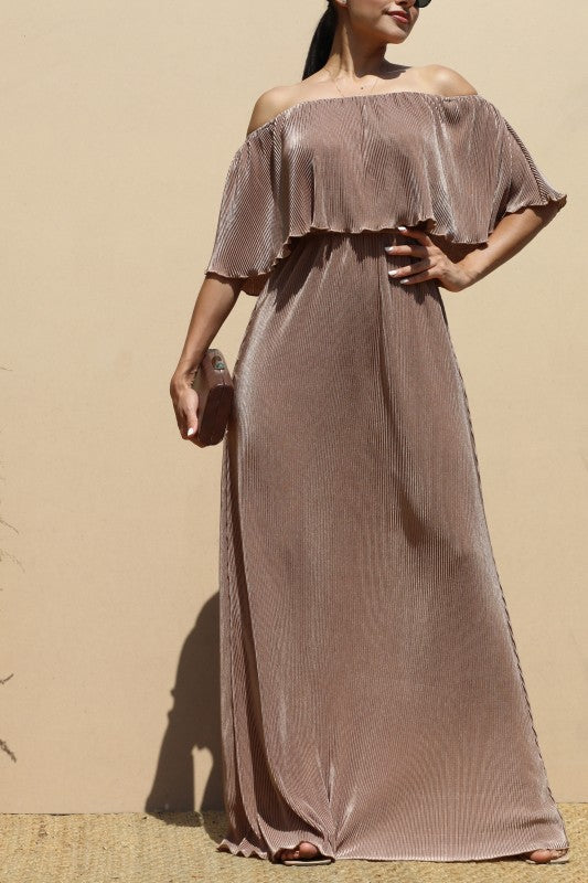 Pleated Off Shoulder Maxi Dress