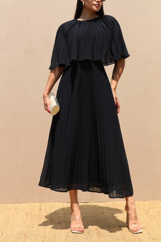 Cape Pleated Woven Midi Dress