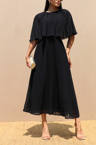 Cape Pleated Woven Midi Dress