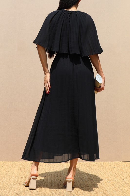 Cape Pleated Woven Midi Dress