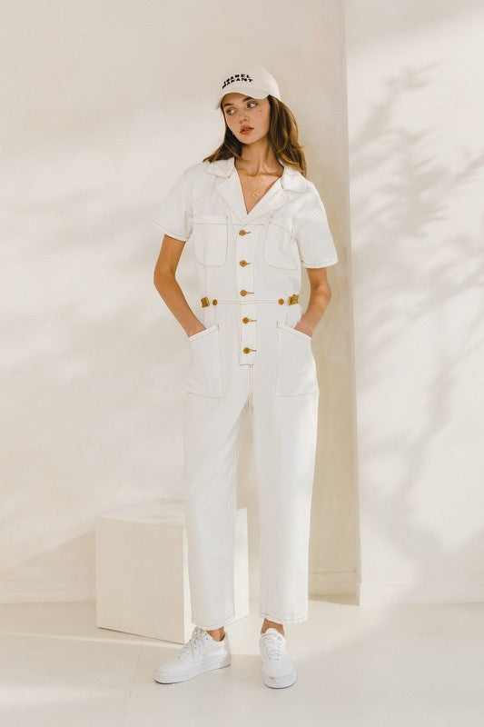 White Denim Utility Jumpsuit With Tan Stitching