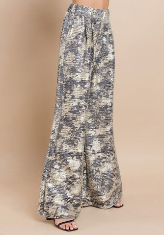 Metallic Sequin Wide Leg Trouser Pants