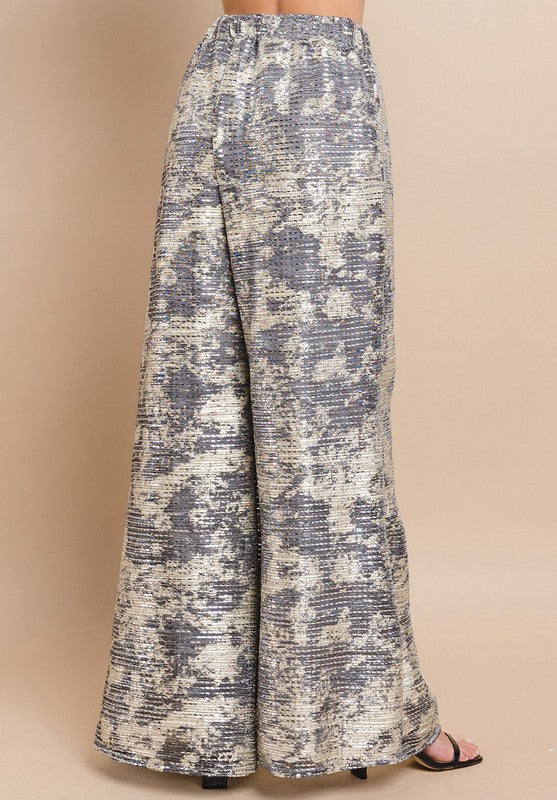 Metallic Sequin Wide Leg Trouser Pants