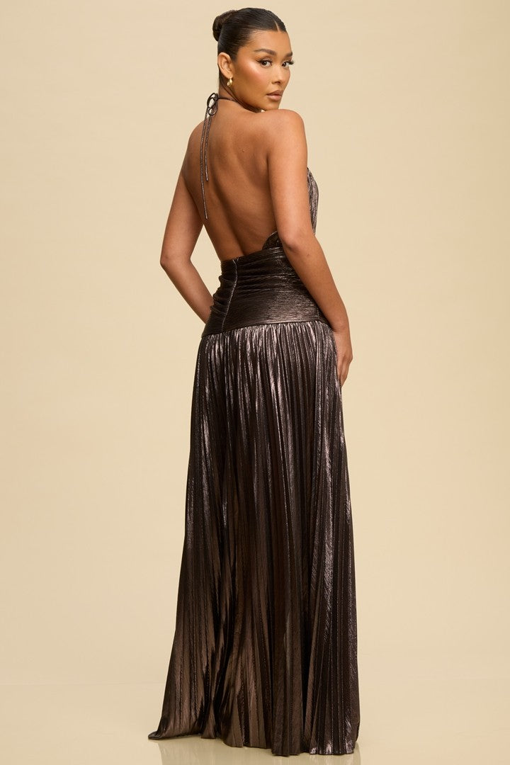 Pleated Metallic Halter Gown