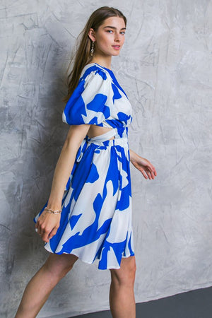 Puff sleeves open back with tie elastic waist printed mini dress