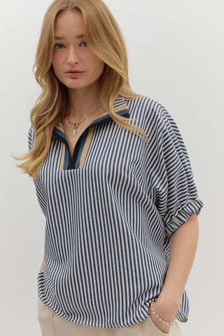 Stripe pattern high neck elasticated sleeve band dolman top