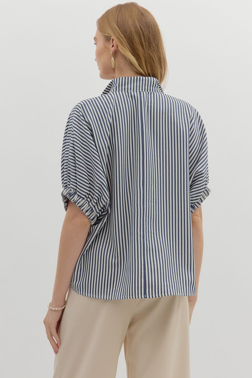 Stripe pattern high neck elasticated sleeve band dolman top