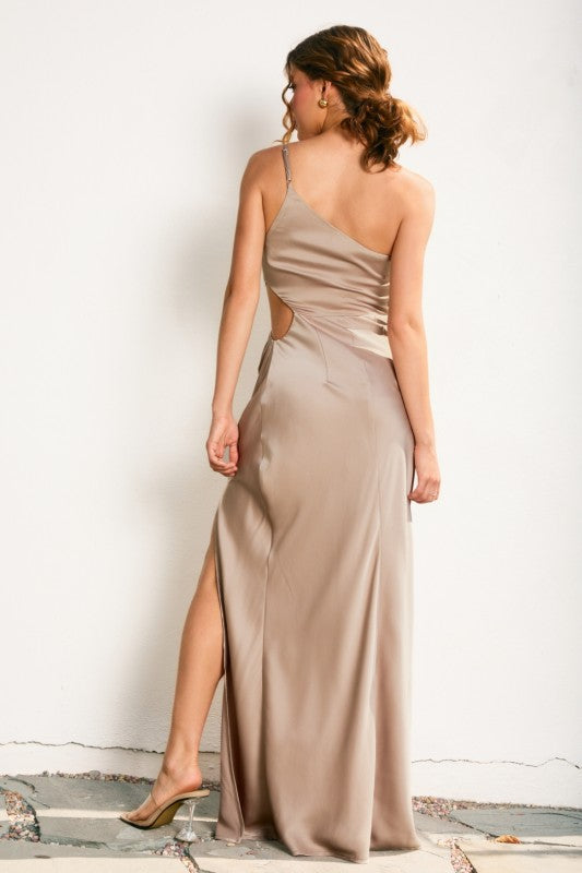 Dull Satin One Shoulder Ruched Maxi Dress