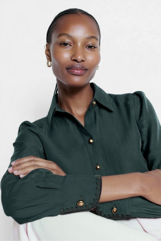 Blanket-stitch Cuff Button Up Cropped Blouse