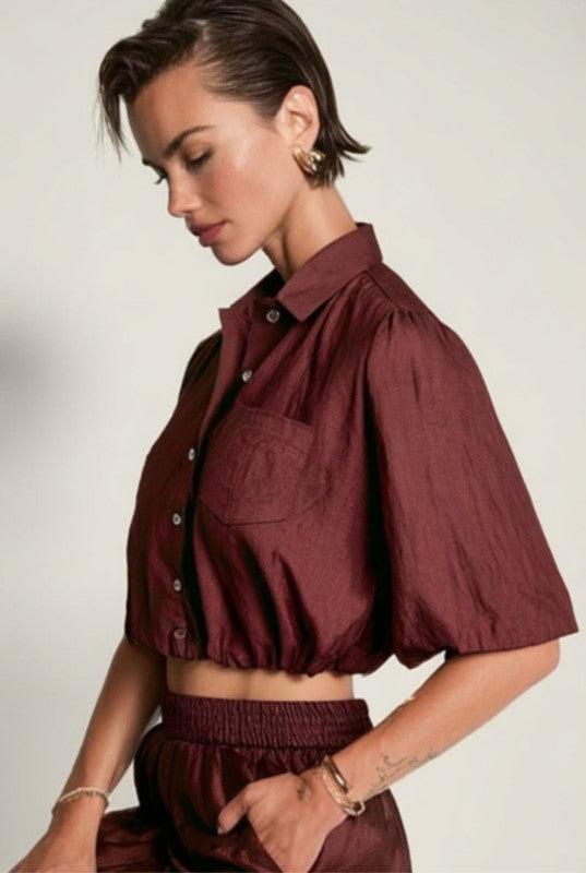 Short Sleeve Cropped Button Up Blouse