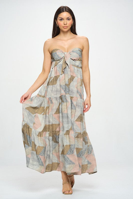 Geo Print Cut Out Tie Front Tube Maxi Dress