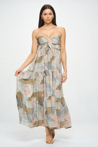 Geo Print Cut Out Tie Front Tube Maxi Dress