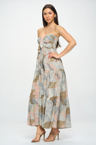 Geo Print Cut Out Tie Front Tube Maxi Dress
