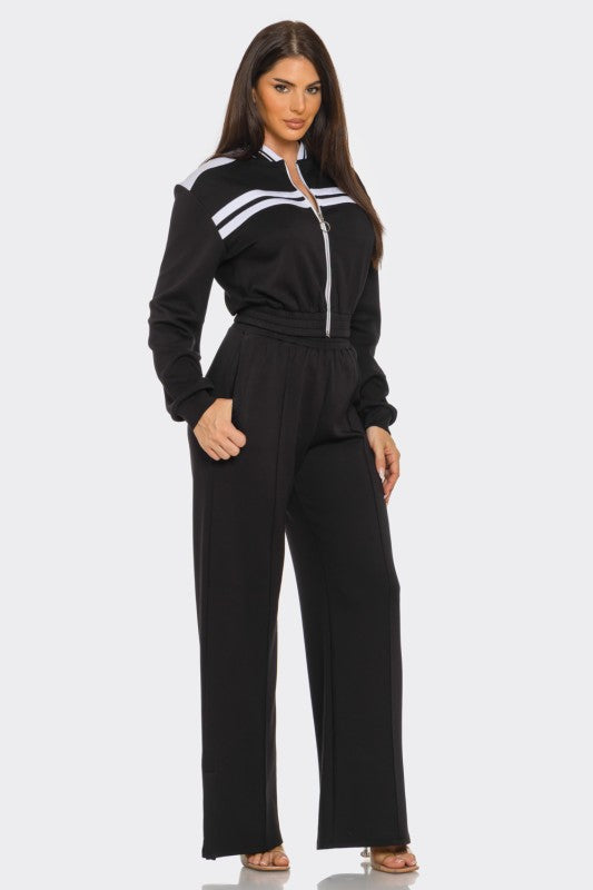 Stripe Colorblock Front Zip Up Top And Pants Set