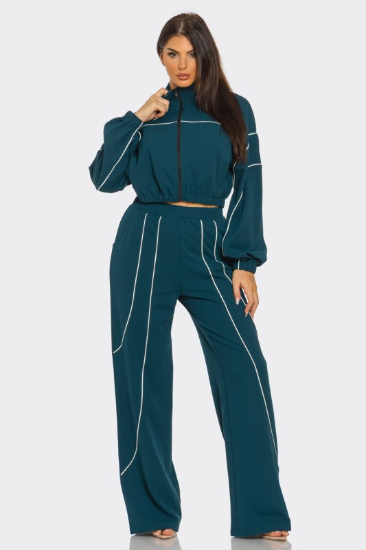 Zip Up Pipping Stripes Jacket And And Pants Set