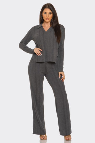 Solid Front V-neck Side Slit Top And Pants Set