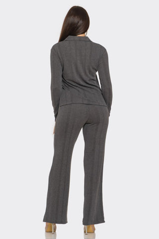 Solid Front V-neck Side Slit Top And Pants Set