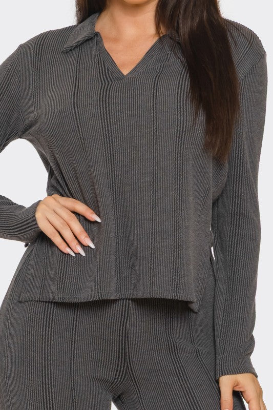 Solid Front V-neck Side Slit Top And Pants Set