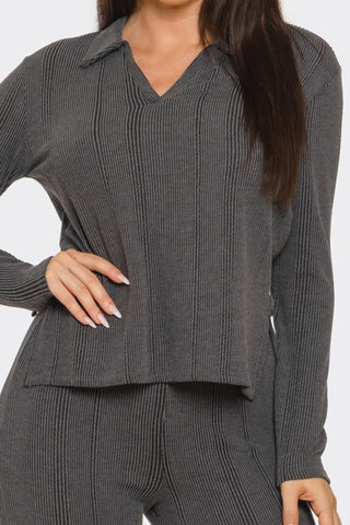 Solid Front V-neck Side Slit Top And Pants Set