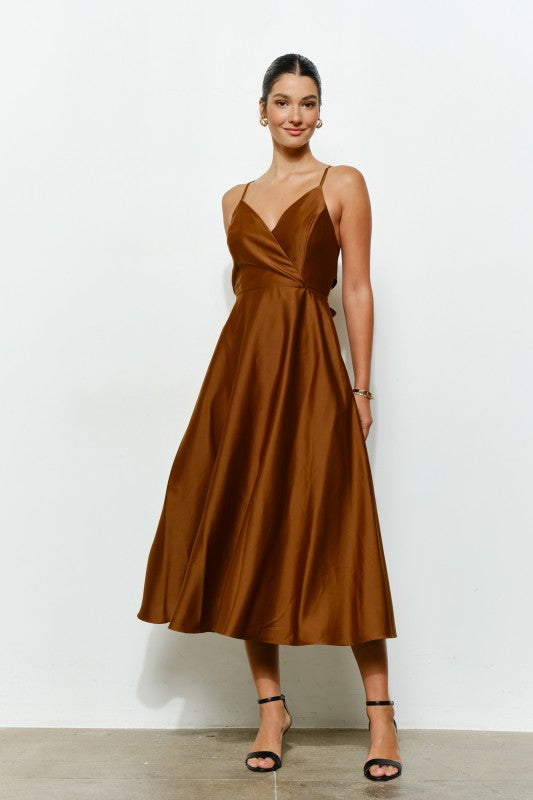 Satin Tie-back Cross Strap Midi Dress